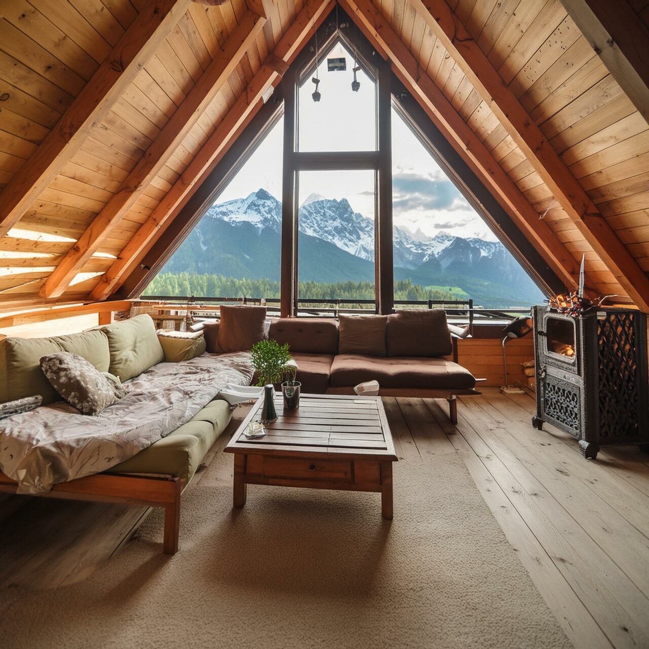 Eine Lounge mit traditionellem Ofen und Aussicht aus dem Gibelfenster auf die Tiroler Bergwelt.
