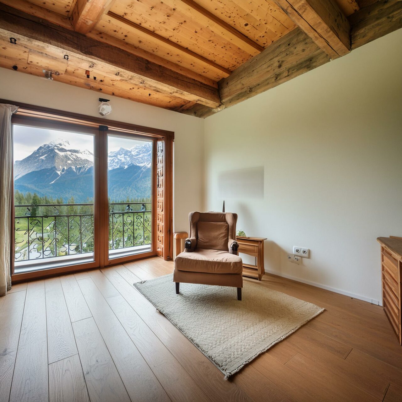 Ein Sessel vor einem großen Fenster mit Aussicht auf die Tiroler Bergwelt.